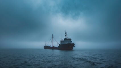 Outline of a ship on the misty ocean with a cloudy blue backdrop. Lisbon, Portugal. Stunning maritime scenery on a foggy day.
