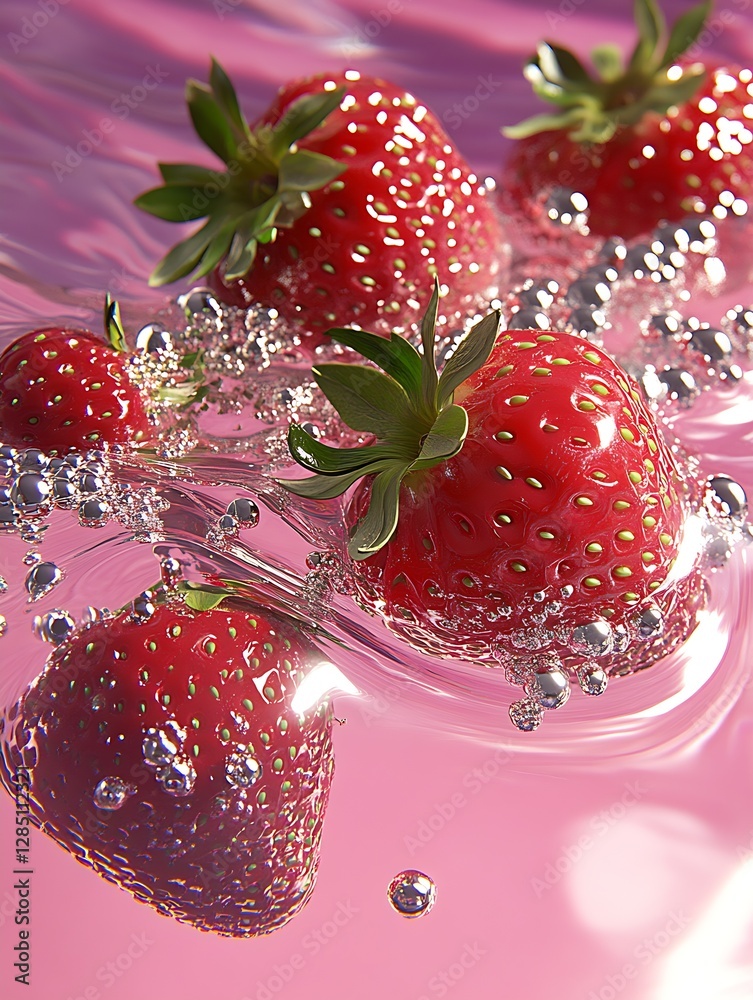 Poster fresh strawberries splashing in water with bubbles against a vibrant pink background highlighting th