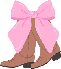 Coquette Cowgirl Boot with Pink Cheer Bow Flat Design