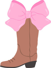 Coquette Cowgirl Boot with Pink Bow Flat Design