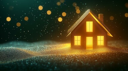 Fototapeta premium A cozy house glowing warmly in a snowy night with twinkling lights