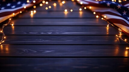 Patriotic Celebration Wooden Surface American Flag and Festive Glowing Light Display Arrangement for Holiday Event