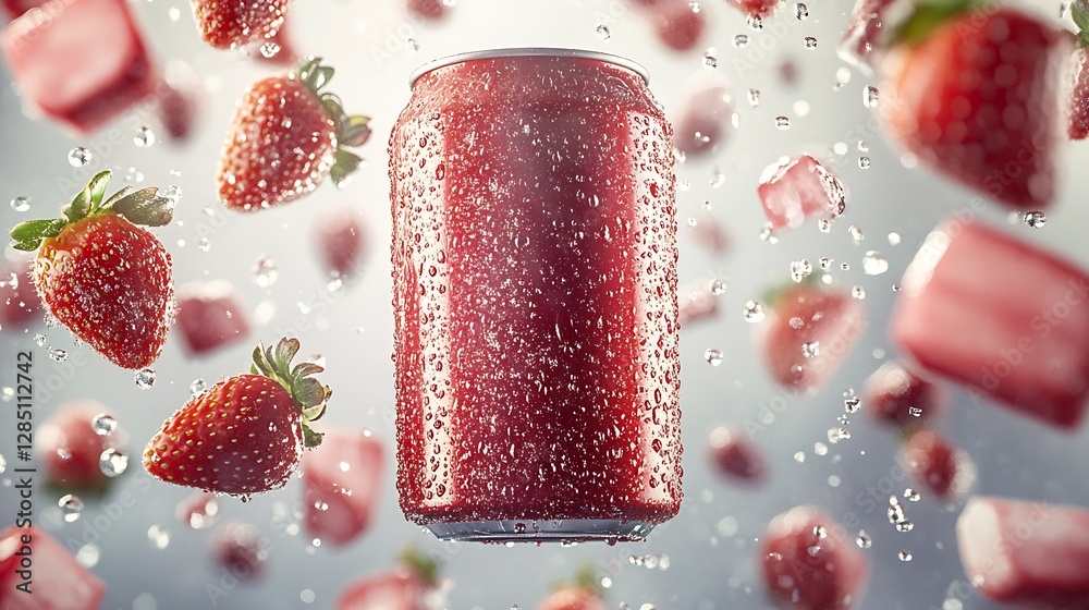 Aufkleber Refreshing Fruit Drink Featuring Strawberries with a Sparkling Can Surrounded by Ice : Generative AI