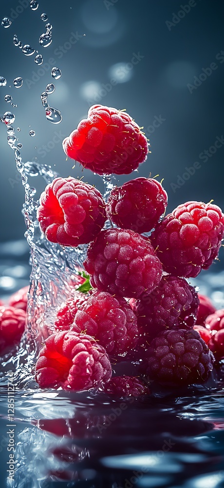Poster Refreshing splash of ripe raspberries in water captured with dynamic movement and clarity : Generative AI
