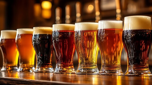 An array of delicious beer glasses showcasing a variety of colors and styles in a bar setting : Generative AI