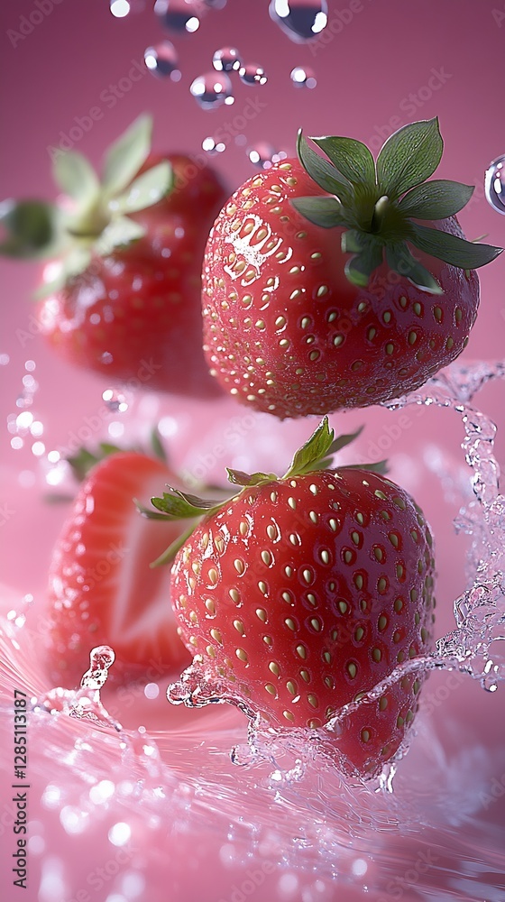 Poster fresh strawberries splashing in water against a pink background showcasing vibrant red colors : gene