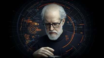 Elderly Man Engaged with Futuristic Technology and Digital Interface
