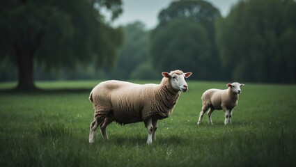 Obraz premium A sheep standing in a lush green meadow surrounded by trees. Farm animals, livestock, natural landscape.