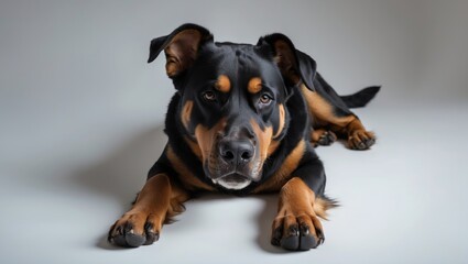 Obraz premium Beautiful adult Bernese Mountain dog lying down, facing forward at the edge and gazing at the camera. Set against a plain white backdrop.