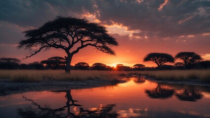 Stunning African sunset mirrored in the water at Kruger National Park, South Africa.