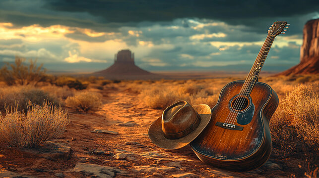 A classic acoustic guitar and a well-worn cowboy hat placed together in a stunning Western desert landscape. Suitable for marketing or business purposes. Panoramic banner with place for text