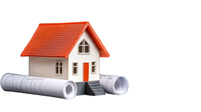 Model house with blueprints on transparent background