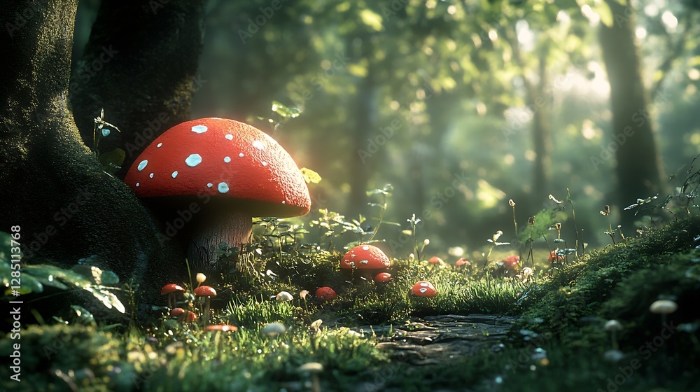 Poster Vibrant red mushroom surrounded by lush greenery and soft sunlight in enchanted forest setting : Generative AI