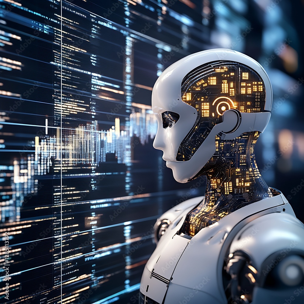 Fototapete Futuristic humanoid robot with a digital interface against a technology backdrop depicting data streams : Generative AI