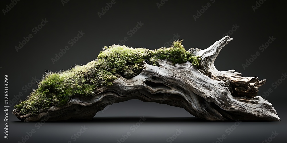 Poster natural driftwood covered in vibrant green moss showcased against a dark background for an artistic 