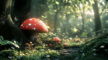 Vibrant red mushroom surrounded by lush greenery and soft sunlight in enchanted forest setting : Generative AI