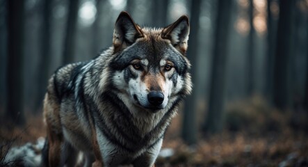 Fototapeta premium Wild wolf image featuring a brown and gray Canis lupus. A feral dog in its natural habitat.