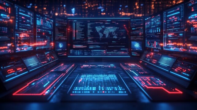 Futuristic control room with multiple monitors displaying data and code at night.