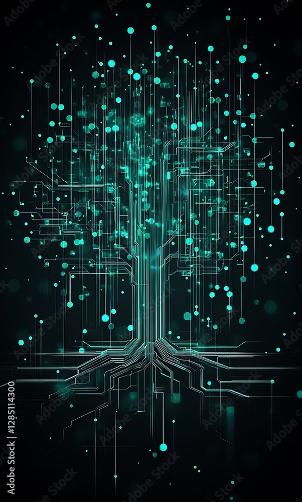 Poster Futuristic digital tree graphic with glowing circuits and vibrant particles against a dark background : Generative AI
