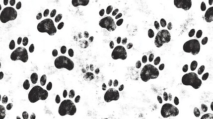 Fototapeta premium Black paw prints on white grunge background; pet design