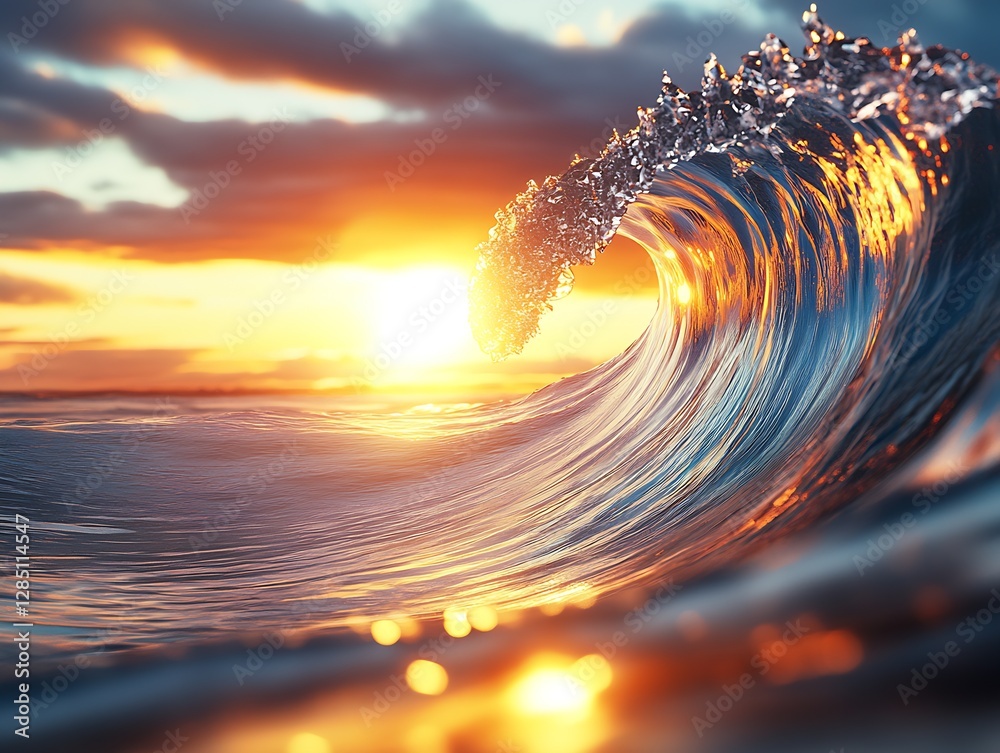 Aufkleber dynamic ocean wave captured at sunset showcasing stunning colors and splashes of water in the light 