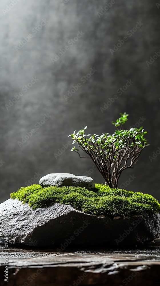 Poster artistic representation of a mossy rock formation surrounded by tiny green plant life on a dark back