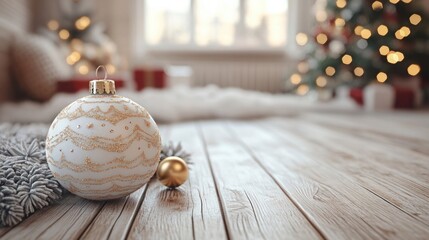Elegant Christmas Ornament on Wooden Floor with Cozy Holiday