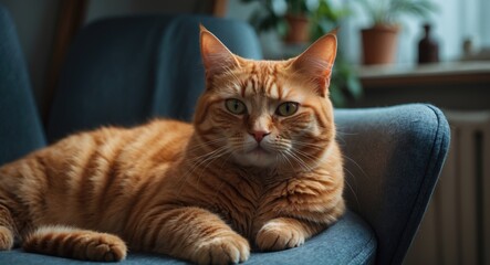 Portrait of a soulful orange cat. Amusing red feline in a comfortable home setting. Relaxed tabby ginger cat. Thoughtful ginger cat reclining on a chair.