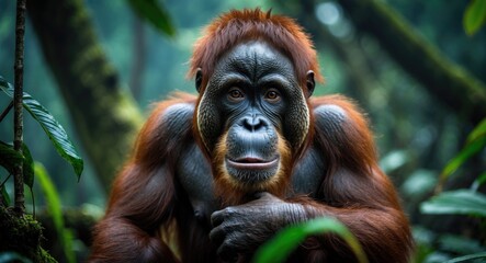 Majestic male Sumatran Orangutan (Pongo abelii) observed on an ecotourism trek in Gunung Leuser National Park, Bukit Lawang, Sumatra, Indonesia.