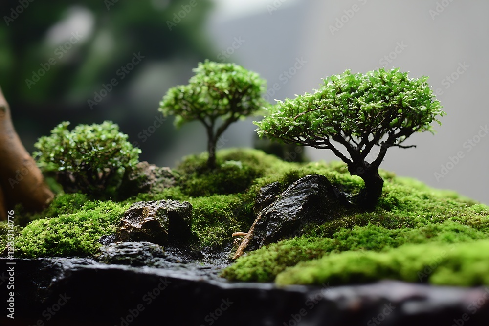 Poster miniature landscape featuring small intricate trees on moss-covered rocks showcasing the artistry of