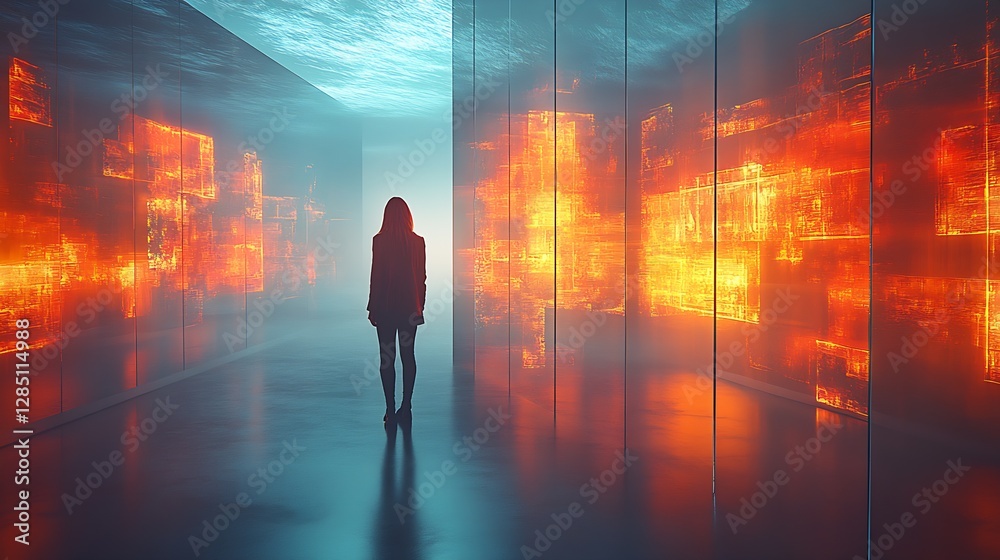 Poster Futuristic corridor showcasing digital light patterns with a figure standing in a reflective space : Generative AI