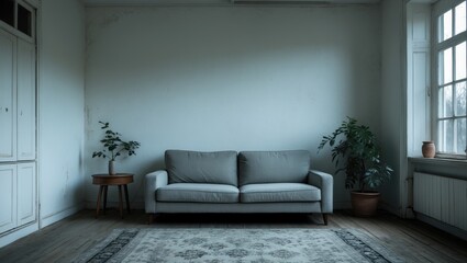 a photo of a blank, light-colored room featuring a couch