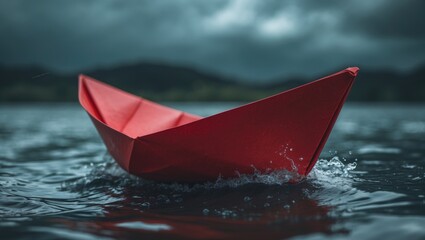 Fototapeta premium A crimson origami boat symbolizes wealth management and financial security, illustrating risks like market volatility, investment challenges, and economic turmoil in a photographic style.