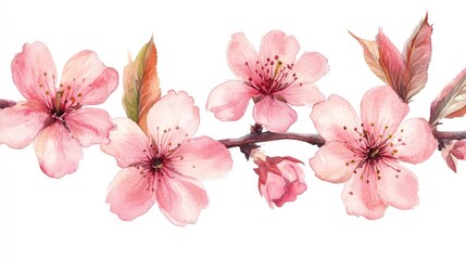 A delicate watercolor illustration of pink cherry blossoms on a branch.