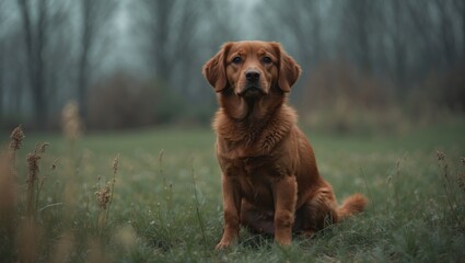 Adorable brown dog resting on grass outdoors while ensuring home security.