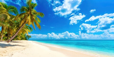 Naklejka premium Beautiful beach with palm trees and a clear blue sky