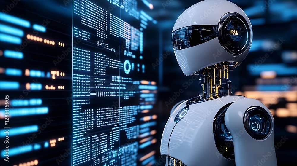 Aufkleber futuristic humanoid robot standing in a high-tech environment illuminated by digital screens : gener