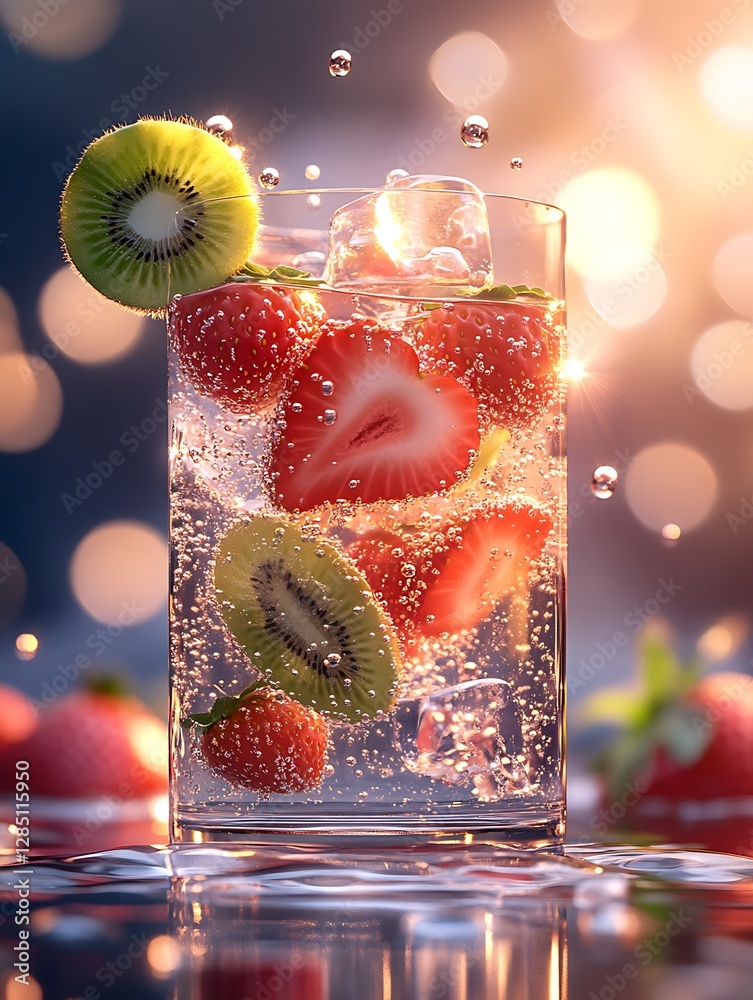Poster refreshing summer drink with strawberries and kiwi submerged in sparkling water and ice : generative