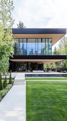 Fototapeta premium Modern Home Design with Large Glass Windows and Garden