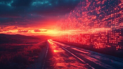 Sunset road with digital binary code wall.
