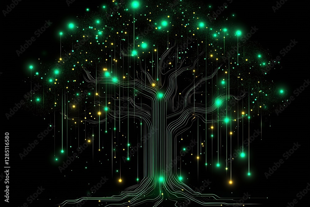 Aufkleber futuristic digital artwork of a glowing tree with circuit-like branches radiating energy and lights 
