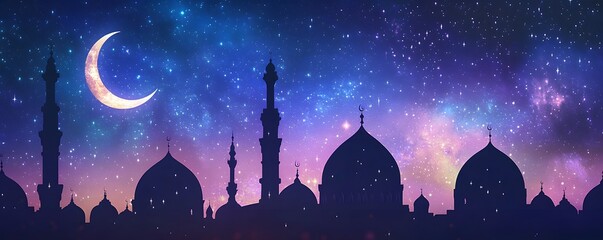 Fototapeta premium Silhouette of mosque buildings under a starry night with moon