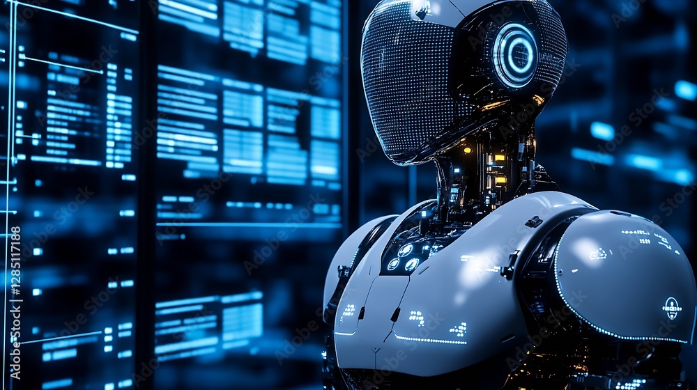 Poster Futuristic Android Robot with Digital Interface Display in a High-Tech Environment for Modern Innovation : Generative AI