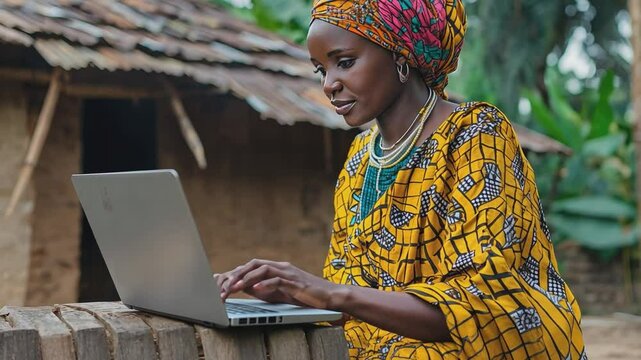 Village Connection: A determined woman, connected to the world. Uses laptop in her home, showcasing digital empowerment and remote work.