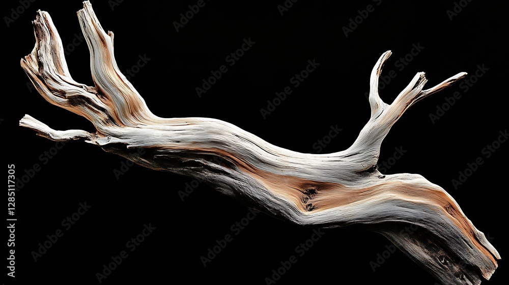 Aufkleber intricately carved driftwood branch on a minimalist black background showcasing natural texture and 