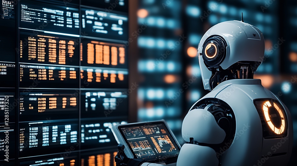 Poster Futuristic robot analyzing data on high-tech screen with vibrant display of information and graphs : Generative AI