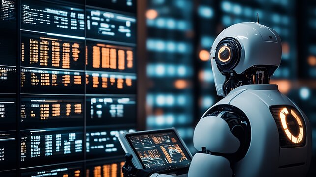 Futuristic robot analyzing data on high-tech screen with vibrant display of information and graphs : Generative AI