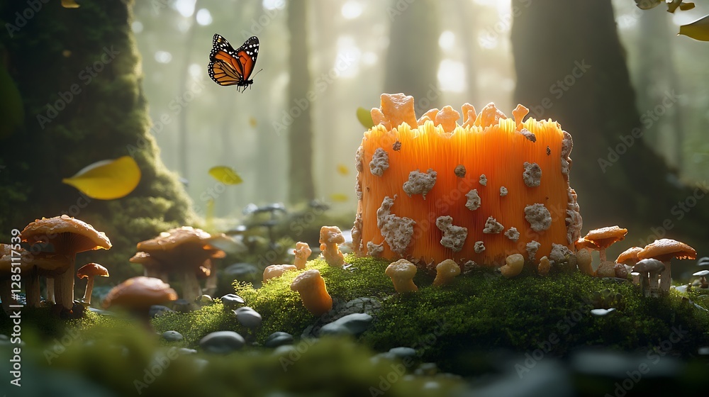 Poster enchanting forest scene with vibrant orange mushrooms and a beautiful monarch butterfly in the air :