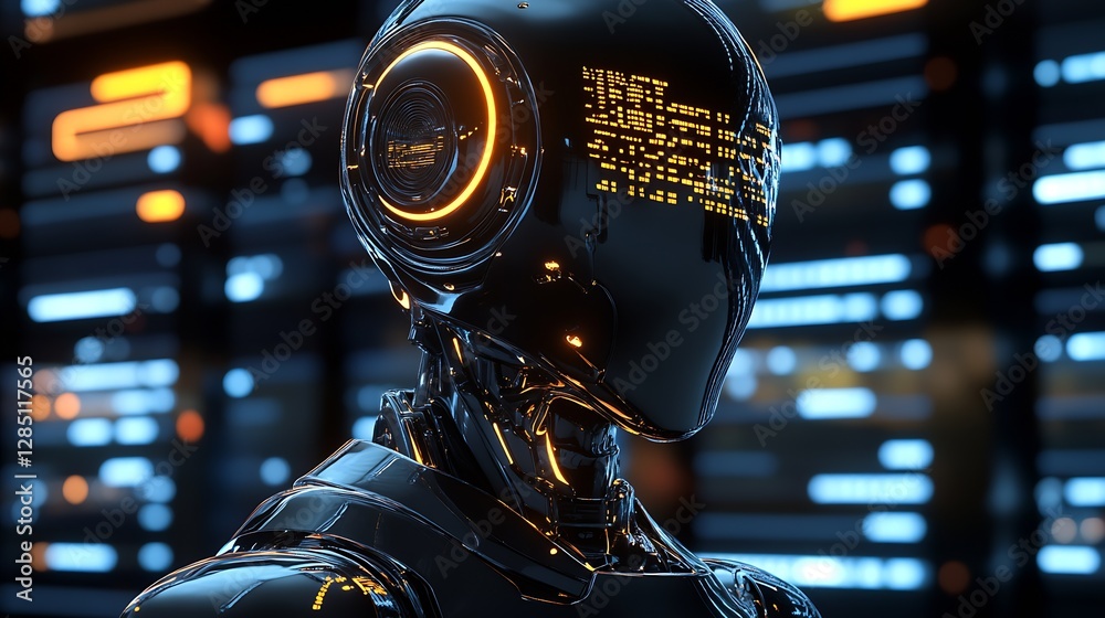 Poster Futuristic robot with glowing features in a high-tech digital environment : Generative AI