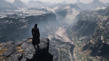 Contemplation at the cliff's edge, overlooking a vast and rugged landscape